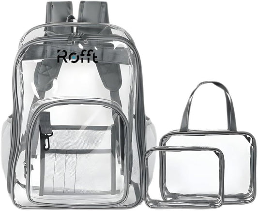 ROFFT Brand: Heavy Duty Clear 3-Piece Set with Transparent PVC Backpack, Personel Bag, and Stylish Handbag for School, Work, and College