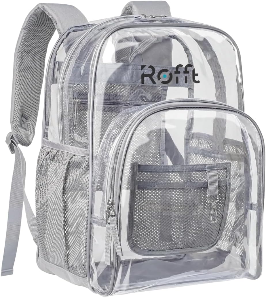 ROFFT clear backpack heavy duty PVC, reinforced straps, multiple pockets, large capacity for notebooks, transparent backpack see through perfect for school Students