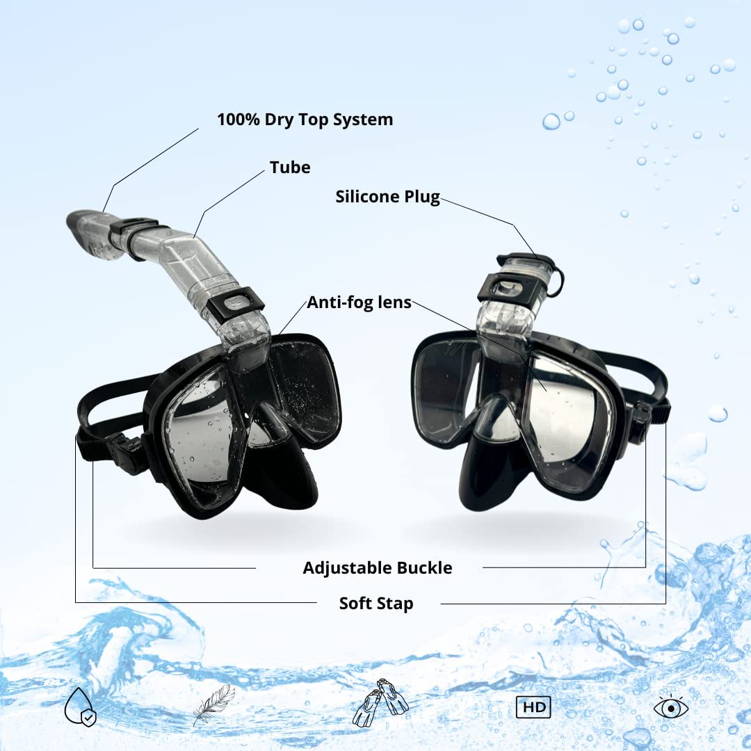 Snorkel Mask, Dry Top for Scuba Diving - Black