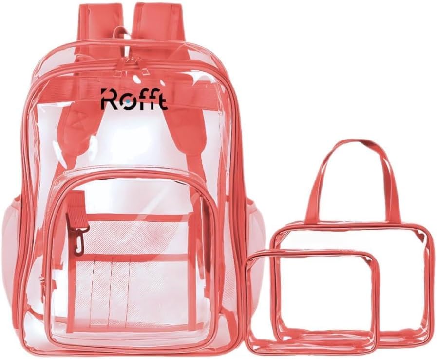 ROFFT Brand: Heavy Duty Clear 3-Piece Set with Transparent PVC Backpack, Personel Bag, and Stylish Handbag for School, Work, and College