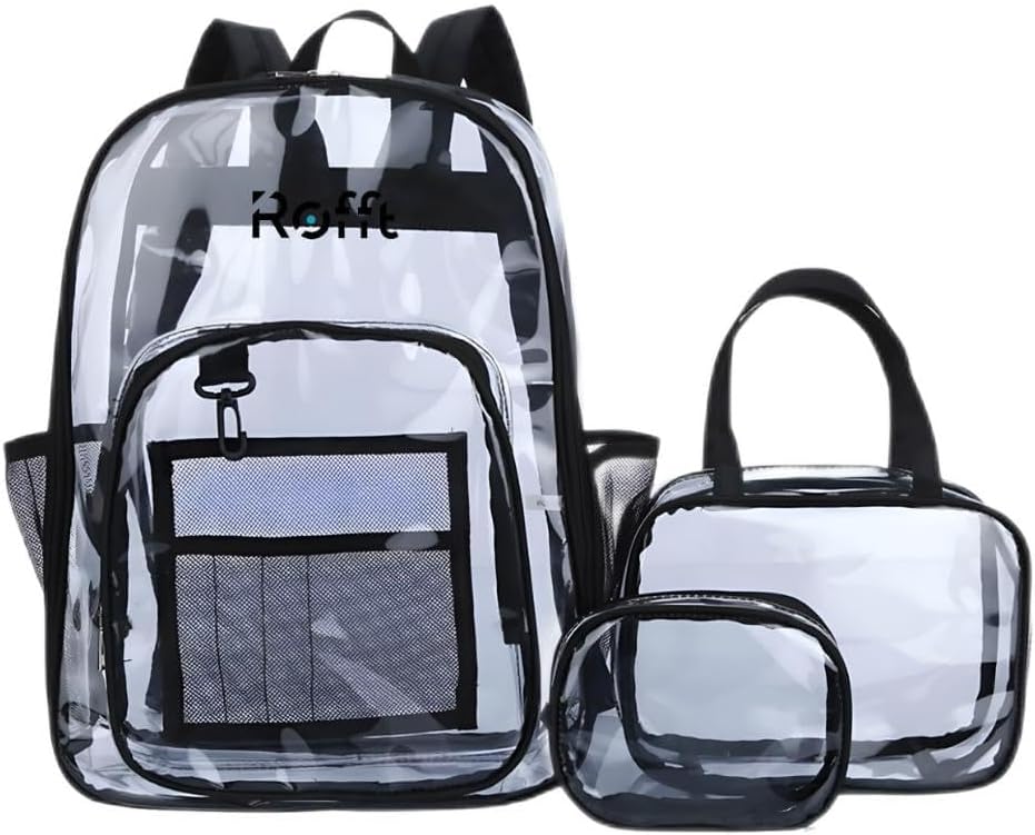 ROFFT Brand: Heavy Duty Clear 3-Piece Set with Transparent PVC Backpack, Personel Bag, and Stylish Handbag for School, Work, and College