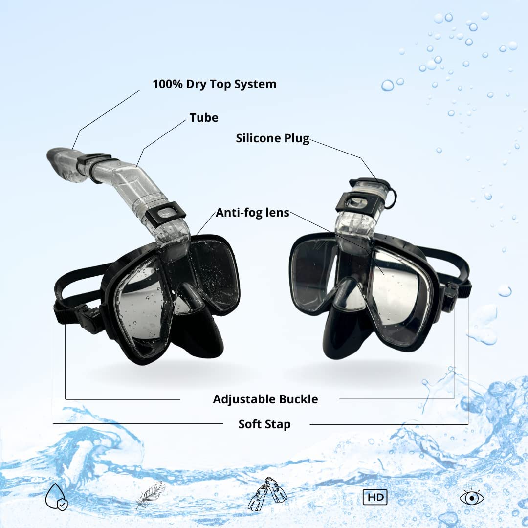 Snorkel Mask, Dry Top for Scuba Diving - Black